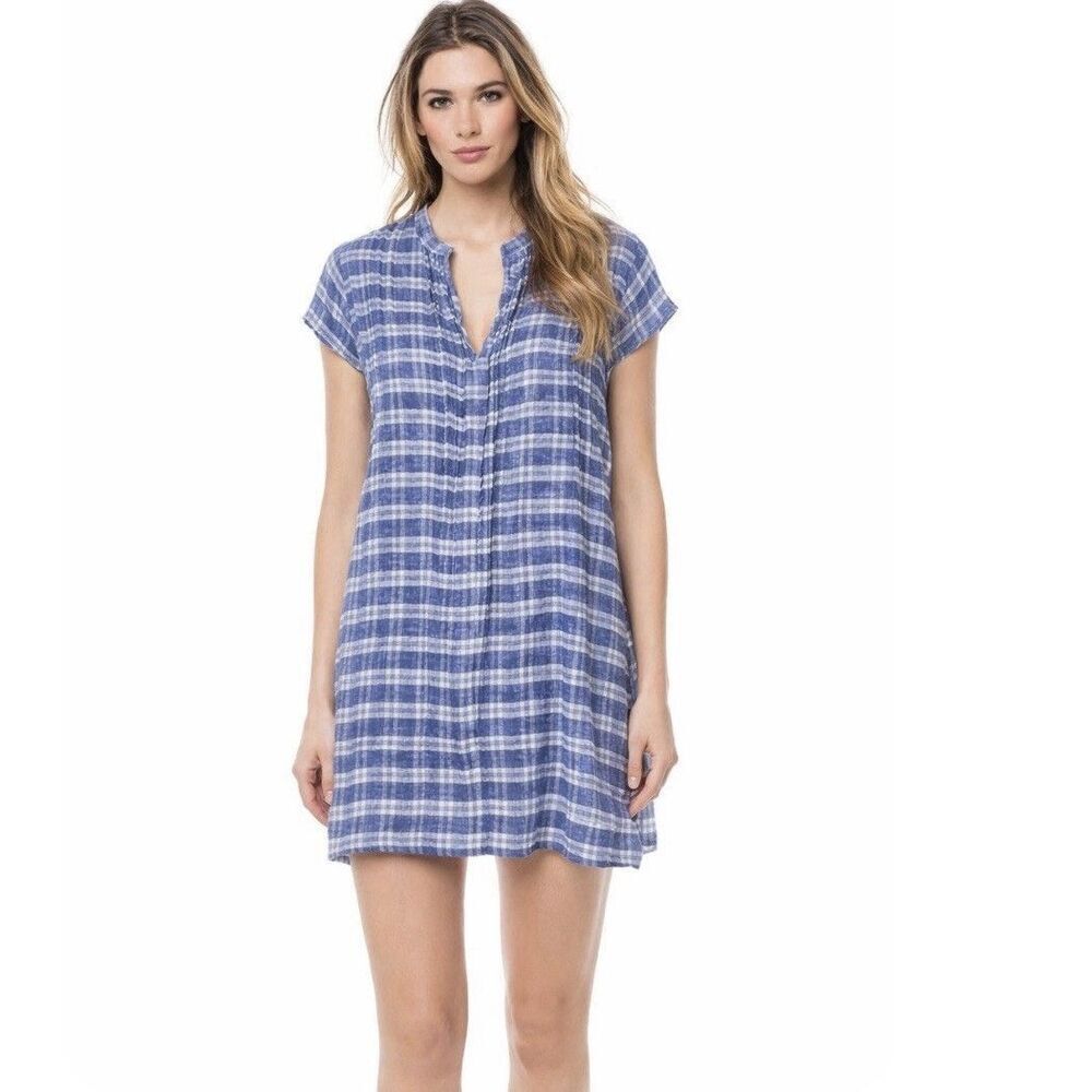 CP Shades Regina Cap Sleeve Tunic Top Size XL 100% Linen Blue White Mini Dress
